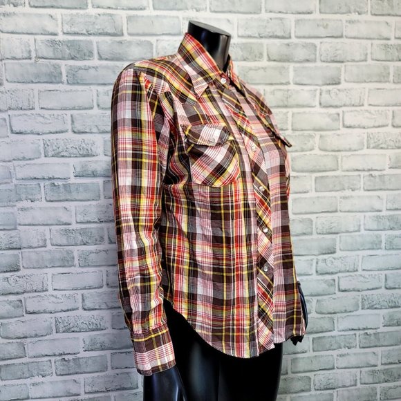 Vintage 70s 80s Kmart Womens 36 Lightweight Plaid Pearl Snap L/S Western Shirt - Picture 6 of 9